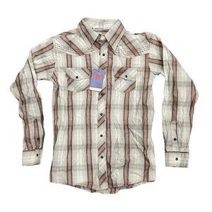 Cowboy Hardware Boys Tan Plaid‎ Long Sleeve Western Pearl Snap Shirt L